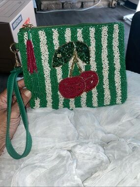 Sincerely Jules Green, Red & White Striped Beaded Cherry Wristlet